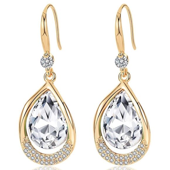 14K Yellow Gold and White Diamond Austrian Crystal Teardrop Halo Hook Earrings